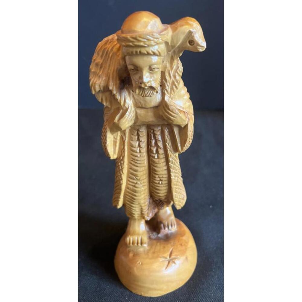 6.5" T.  Hand Carved Olive Wood  Sheep Herder Carrying Sheep w/ Jesus N. Star